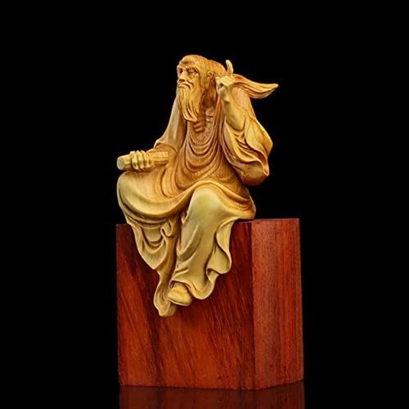 木彫り 置物 老子坐像 高級天然ツゲ木彫り老子像 木製彫刻 神像 仏教 