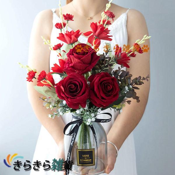 造花 赤いバラ フェイクフラワー 花束 ブーケ シルク 生花みたい 薔薇