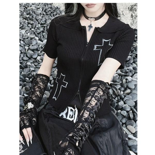 開襟シャツ レディース tシャツ チビT 黒 ニット パンク 開襟シャツ レディース tシャツ チビT 黒 ニット パンク