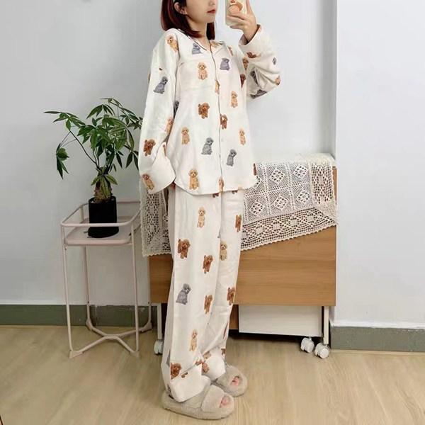 犬柄 ルームウェア レディース パジャマ 寝巻き 上下セット 前 犬柄 ルームウェア レディース パジャマ 寝巻き 上下セット 前