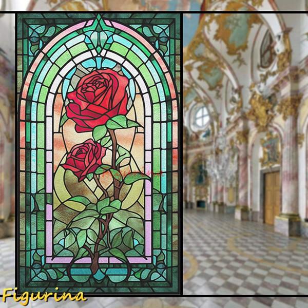 窓フィルム ステンドグラス 薔薇柄 目隠しシート レトロ め 窓フィルム ステンドグラス 薔薇柄 目隠しシート レトロ め