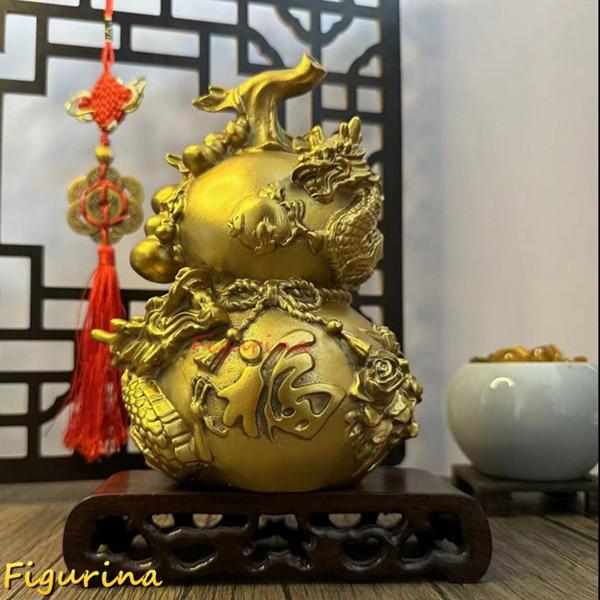 黒いひょうたんの置物 金色のロープ付き 風水 龍 ナチュラル 瓢箪 ゴールド ひょうたん 銅製 本物のひょうたん
