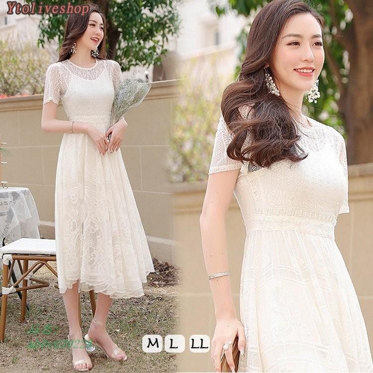 結婚式 春夏 ワンピース ミモレ丈 ロング丈 ゆったり 大きいサイズ ロング 袖レース 半袖 白 パーティードレス 袖あり 夏 春 レース Mb0v Captivation Shop 通販 Yahoo ショッピング