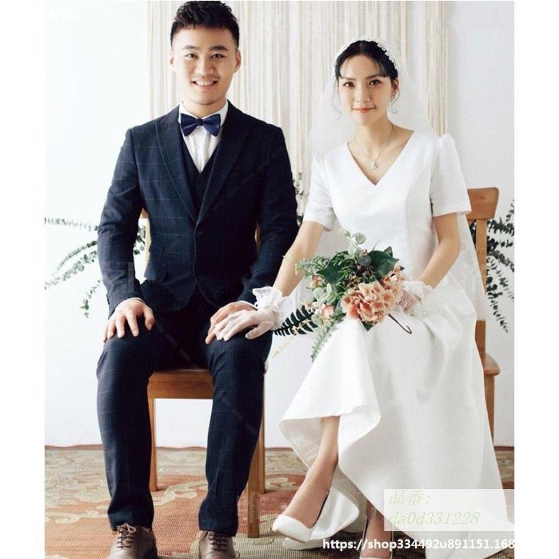 ウエディングドレス ワンピース ロングドレス 白 お呼ばれ ウェディングドレス 挙式 リゾートウェディング Vネック エンパイア 半袖 韓国風 披露宴 Da0d フィホーネ 通販 Yahoo ショッピング