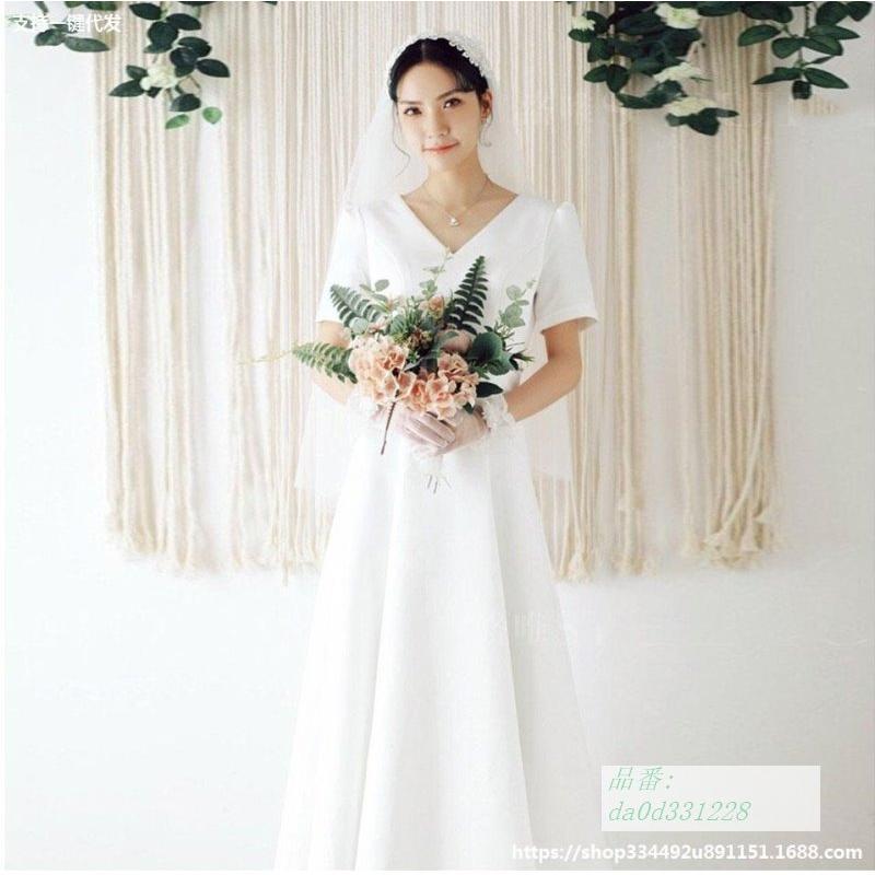 ウエディングドレス ワンピース ロングドレス 白 お呼ばれ ウェディングドレス 挙式 リゾートウェディング Vネック エンパイア 半袖 韓国風 披露宴 Da0d フィホーネ 通販 Yahoo ショッピング
