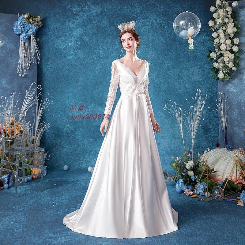 ウェディングドレス 二次会 花嫁ドレス 結婚式 長袖 パーティードレス ロングドレス Vネック 安い おしゃれ シンプル シルク Aライン 大きいサイズ 披露宴 Ea0a フィホーネ 通販 Yahoo ショッピング