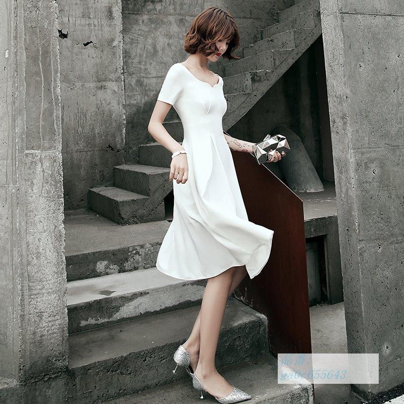 ウェディングドレス 結婚式 二次会 ウエディングドレス ミモレ丈 二次会 半袖 ドレス 安い ブライズメイドドレス シンプル パーティードレス 白 ワンピース Ga0c フィホーネ 通販 Yahoo ショッピング