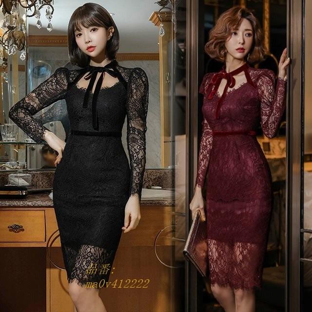 黒 お呼ばれ レースドレス 二次会 膝丈 タイト 韓国風 キャバドレス レースワンピース Vネック セクシーワンピース ワイン赤 総レース 長袖 Ma0v フィホーネ 通販 Yahoo ショッピング
