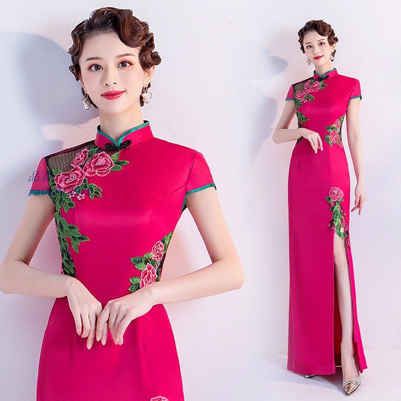 シニアファッション チャイナドレス ベトナム アオザイ ワンピース ロング チャイナ服 花柄 パーティー 結婚式 披露宴 プリント ホワイト きれいめ コスプレ衣装 40代 30代 半袖 独創的 Isgs Com Pk