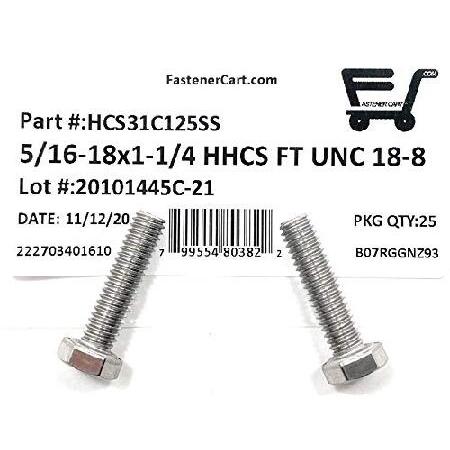 16-18x1-1　Stainless　Steel　Hex　(UNC)　COARSE　Screws　FT　pcs)　Thread　Hex　Cap　(25　Bolts　18-8