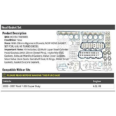 Head　Gasket　Set　Alignment　6.0L　V8　Turbo　20mm　Diesel　Super　with　F-350　Duty　Ford　2003-2007　(with　Compatible　Dowels)