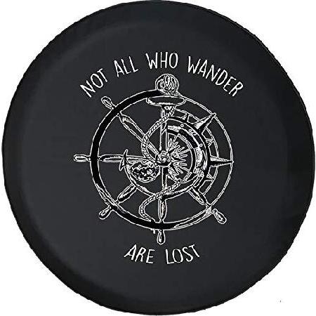 Funny Spare Tire Wheel Cover for Camper SUV Trailer Truck RV JP Thick PVC Leather Not All Who Wander are Lost Anchor Compass Black 33 Inch - 5