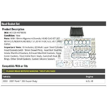 Head　Gasket　Set　2003-2007　Turbo　6.0L　Compatible　with　Diesel　Bolts　F-350　with　Duty　Head　Super　Ford　V8