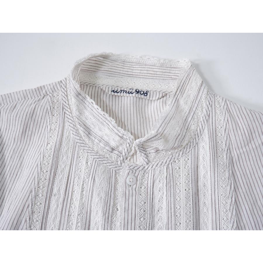 【美品】45r umi908 ノーカラー シャツワンピース ベルト ストライプ 美品】45r umi908 ノーカラー シャツワンピース ベルト ストライプ