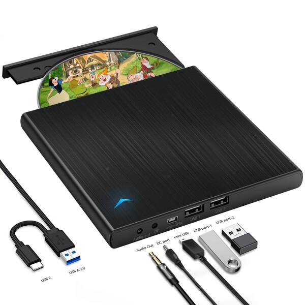 Yisjek 外付け CD DVD ドライブ USB 3.0 タイプ C CD DVD プレーヤー オーディオ/USB ポート/電源ケーブル