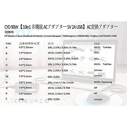 (10 in 1) 変換プラグ 汎用電源アダプター 90W, 90W ACアダプター 出力電圧: DC 18.5V 19V 19.5V 20V 対応 Asus｜finalshopping｜07