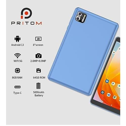 PRITOM、タブレット、Android 13、タブレット8.0インチ、5000mAh、8(4+ 