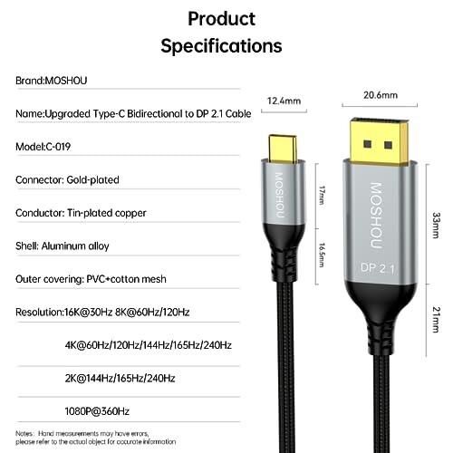 Sikai Type−C to DisplayPort 変換ケーブル 双方向伝送 DP 2.1 USB C DP ケーブル 変換ケーブルアダプタ 8K@60｜finalshopping｜08