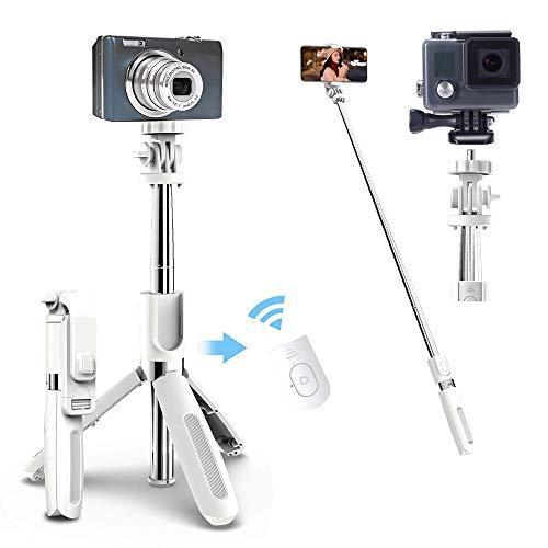 自撮り棒 三脚一脚兼用 スマホ カメラ Goproなどに取り付け可能 7段階伸縮 360度回転可能 100cmまで伸びる リモコン遠隔操作 大人数でも撮れる 白 蔵