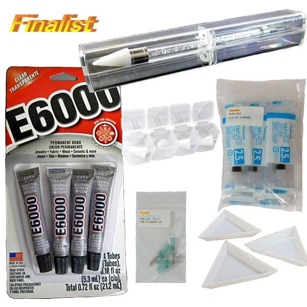 ラインストーン貼り付け 初心者6点セット E6000接着剤 ワックスペン シリンジ ニードル 三角トレー付 社交ダンス衣装 デコ DIY 手芸 | 