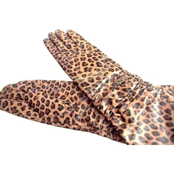 本革シープレザー　アニマルレオパード柄　ギャザー入 レディースロング手袋 |  | 01