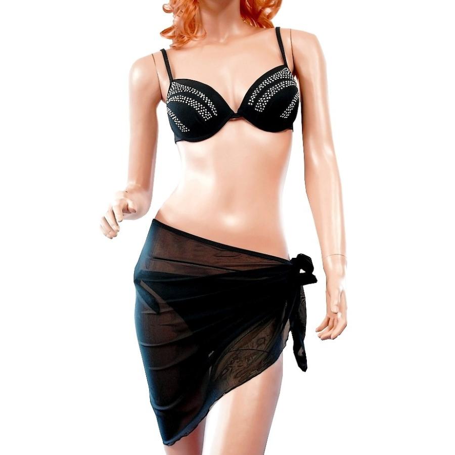綺麗レディース水着　M〜XL胸元ラインストーン装飾　巻きスカート付　3点ワイヤービキニ　ブラック | 
