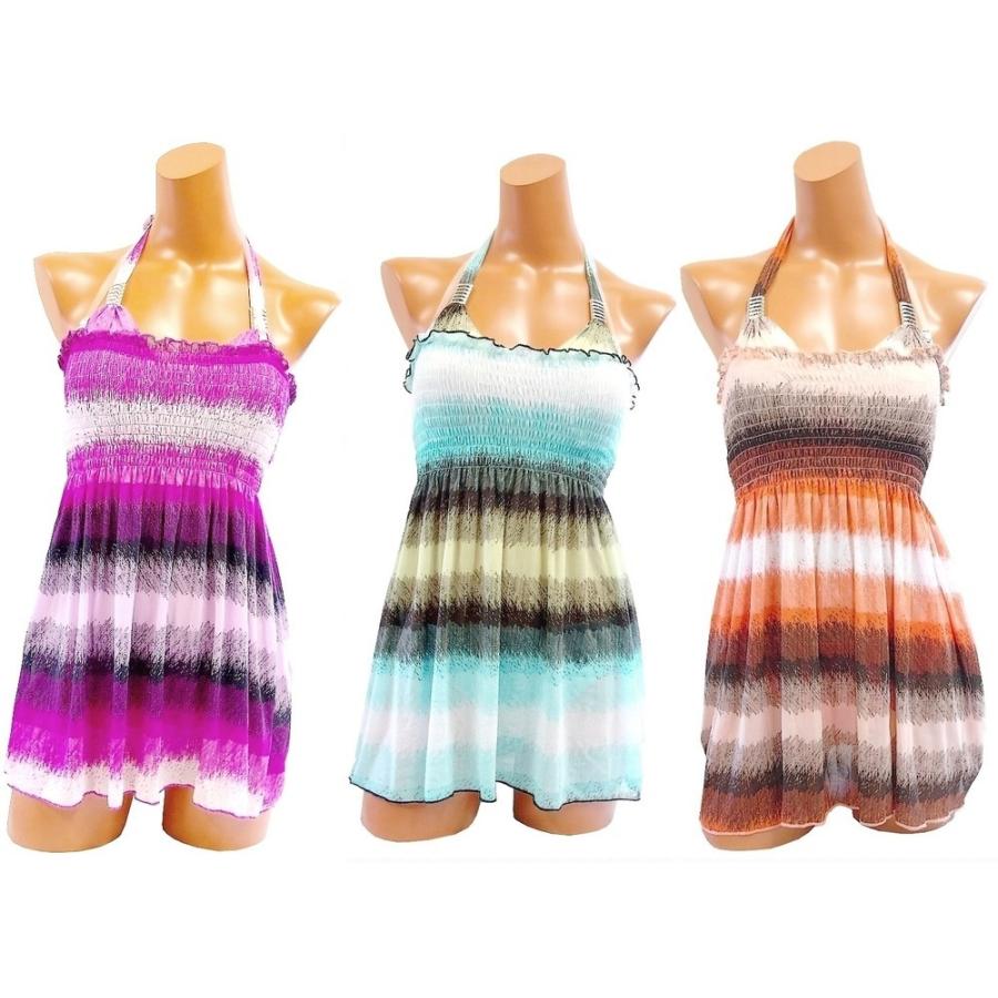 レディース水着　モザイクボーダー柄　スカート使いもできるワンピ付き　ビキニ3点セット　3カラー | 