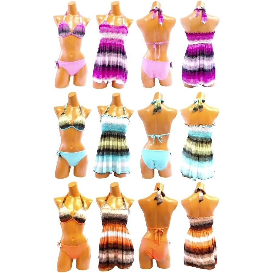 レディース水着　モザイクボーダー柄　スカート使いもできるワンピ付き　ビキニ3点セット　3カラー |  | 01