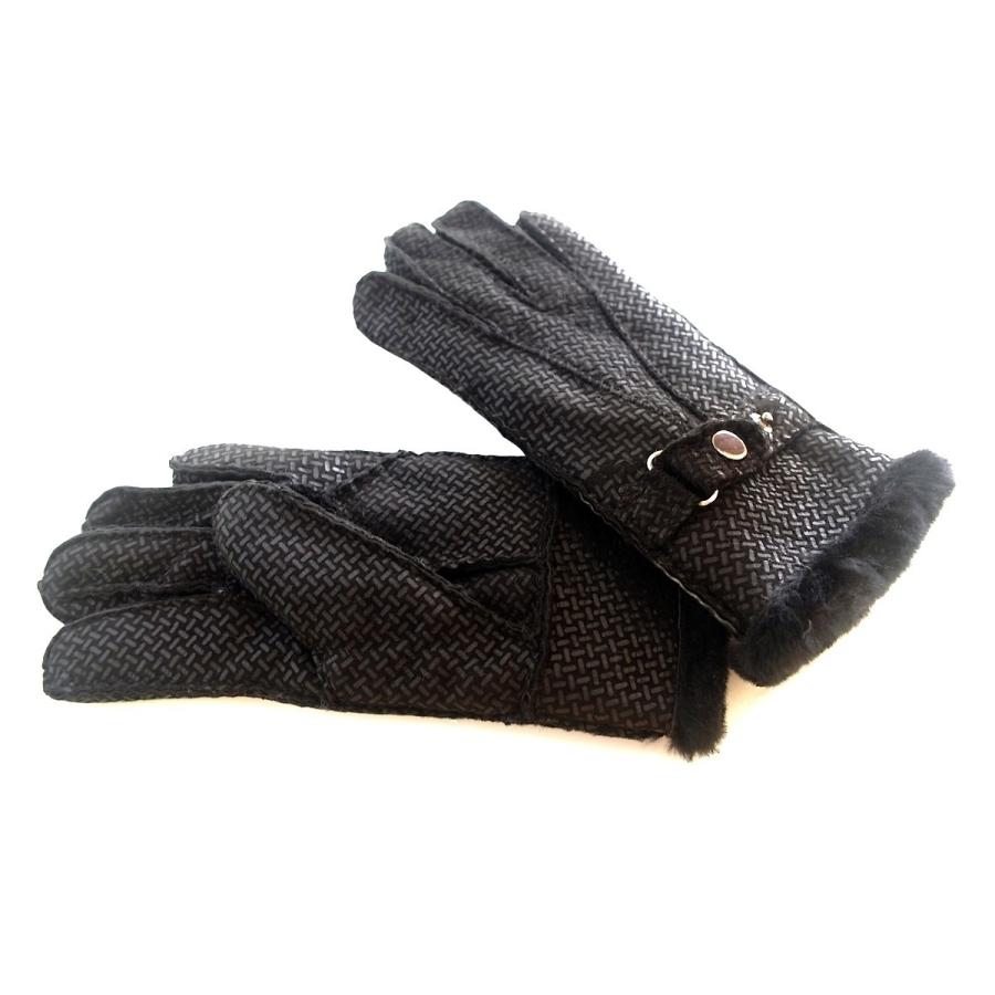 暖かさ抜群ベルト付　モダンなブラック　本革レディースムートン手袋 |  | 01