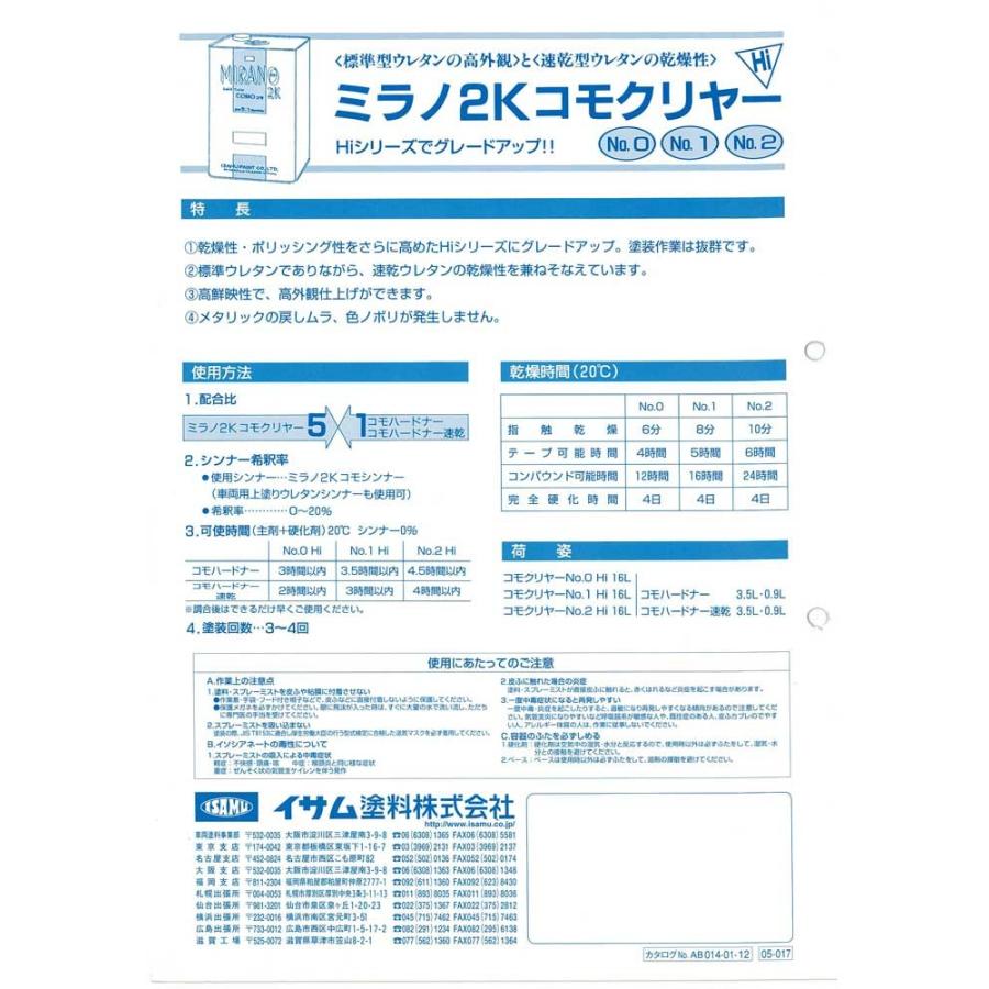 コモクリヤーHi 16kg / イサム塗料 5:1 2液ウレタン塗料 : ファイン