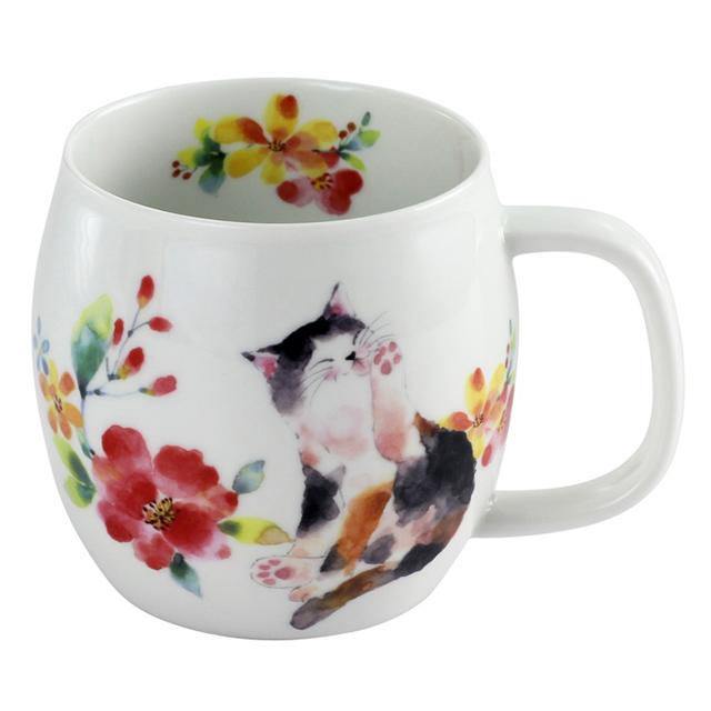 セラミック藍 花猫ペアマグカップセット（レッド＆ブルー）13383