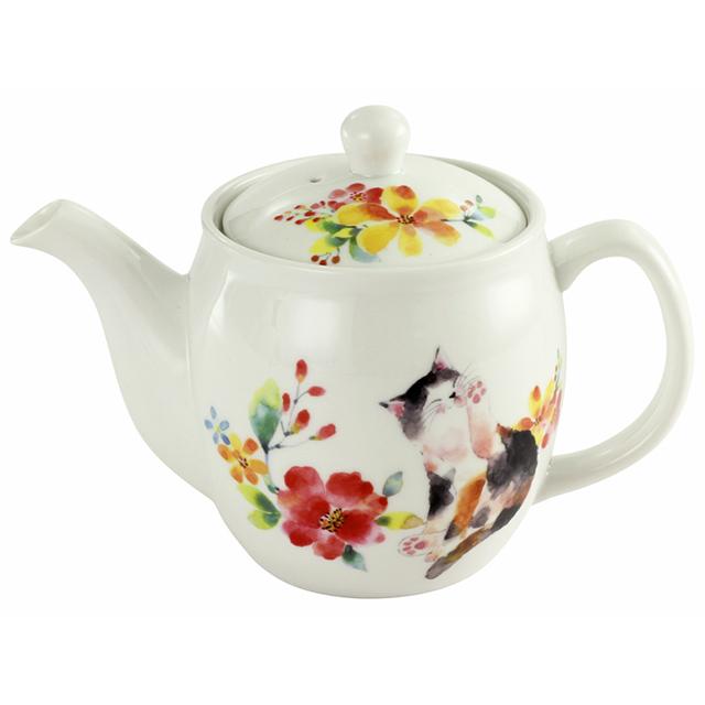 セラミック藍 花猫ポット茶器 （レッド＆ブルー）13384 : おしゃれ雑貨