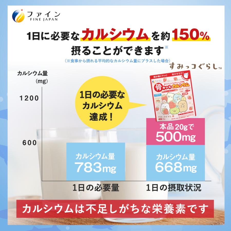 骨キッズ カルシウム イチゴ風味 14杯分 すみっコぐらし仕様 10個セット カルシウム 鉄 ビタミンD K B1 B2 B6 配合 栄養機能食品 オリジナルシールつき ファイン｜fine-kagaku｜06