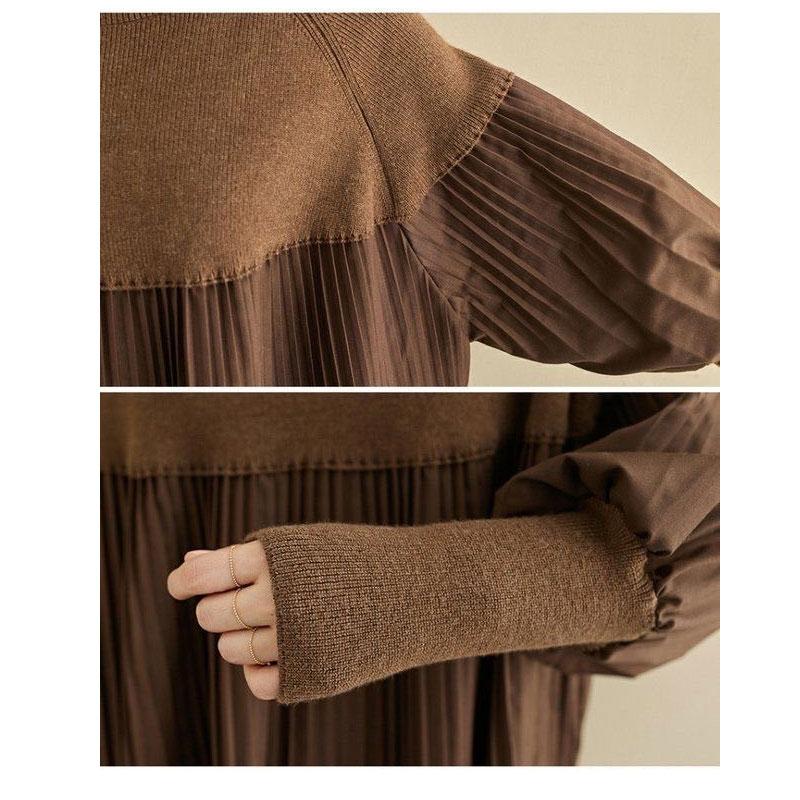 プリーツニットプルオーバー チュニック レディース 春 秋 異素材