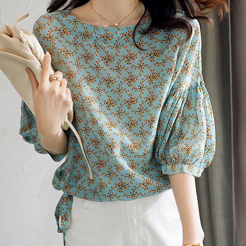 ボタニカル 総柄 7分丈袖 ボタンなし ブラウス 大きいサイズ ロング