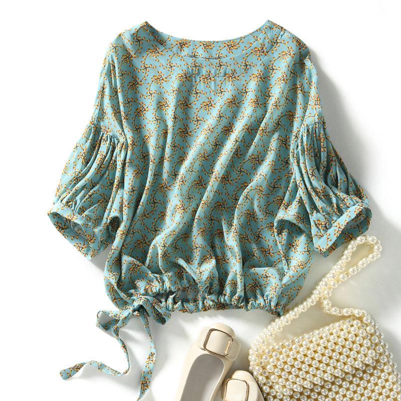 ボタニカル 総柄 7分丈袖 ボタンなし ブラウス 大きいサイズ