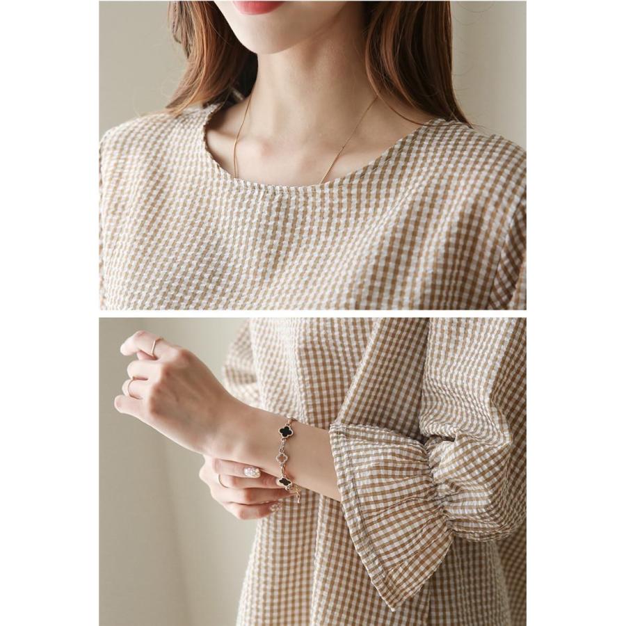 バルーン スリーブ ギンガムチェック 7分袖 ブラウス 大きいサイズ