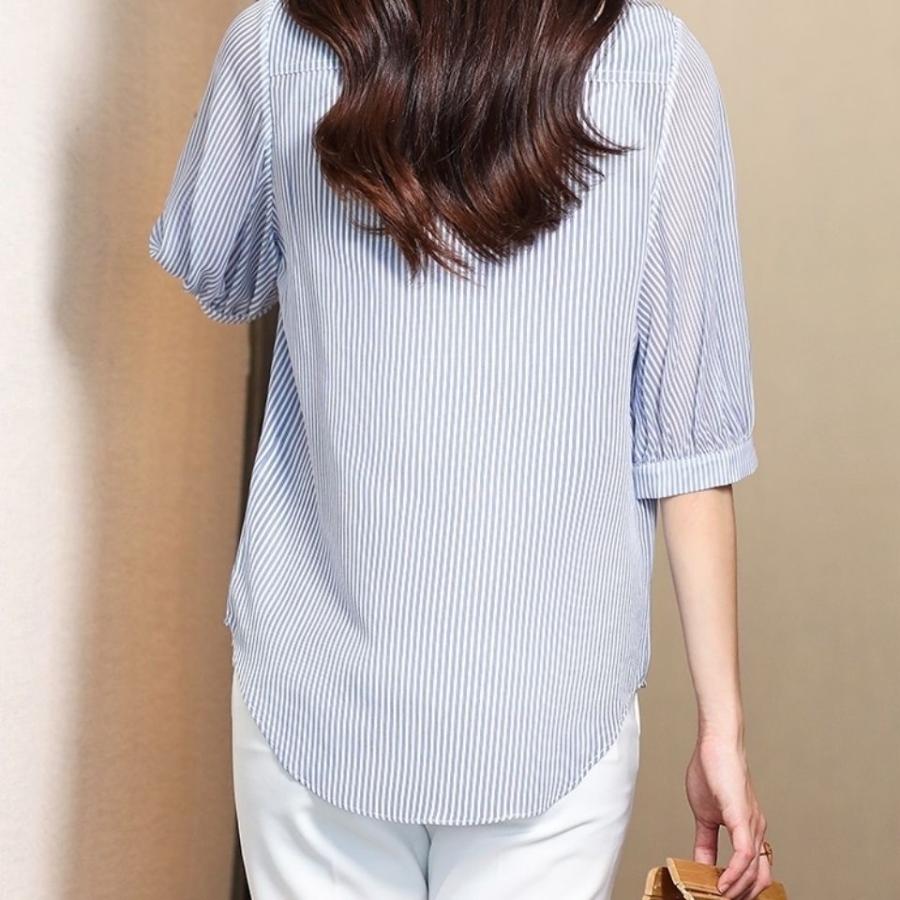 ストライプ 7分丈 ボタンなし ブラウス トップス 透け感 涼しげ