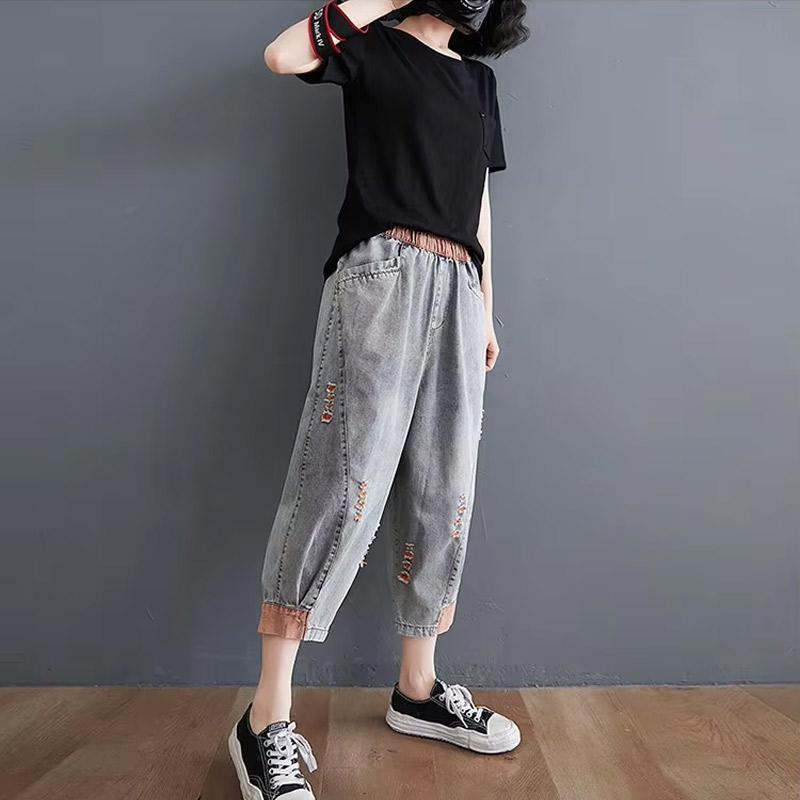 7分丈 サルエル デニムパンツ スラウチ デニム パンツ ダメージ