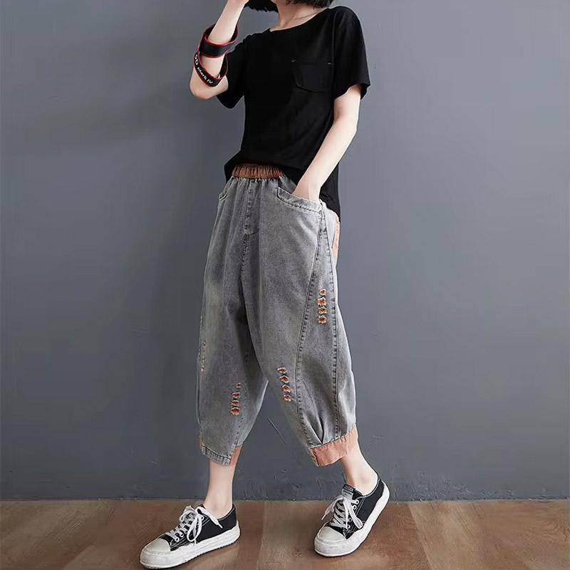 7分丈 サルエル デニムパンツ スラウチ デニム パンツ ダメージ