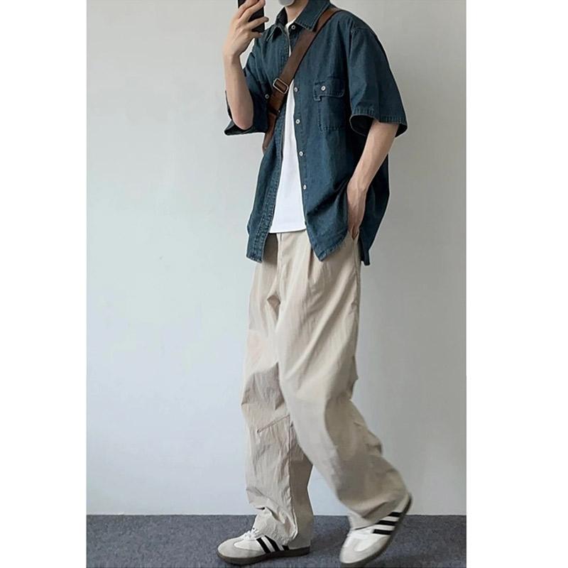 デニム シャツ メンズ 半袖 綿混シャツ ゆったりスタイル コットン