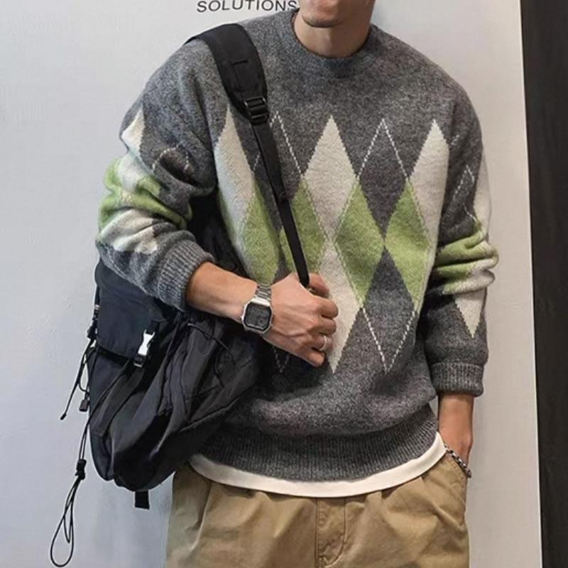ニット セーター メンズ レディース 暖かい 長袖 アーガイル柄