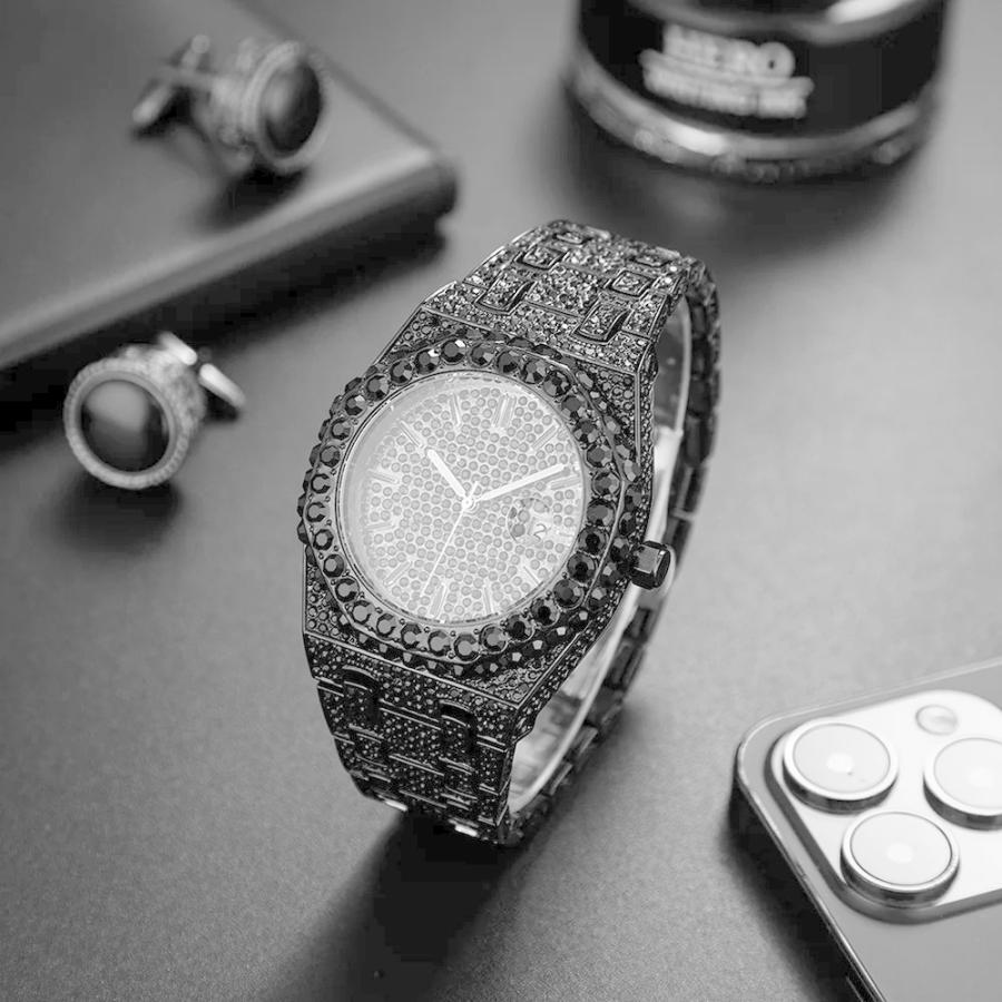 時計 ダイヤモンド ゴールド ラウンド メンズ 贅沢 18K プレート フル クオーツ リスト ウォッチ シャイニー ヒップ ホップ