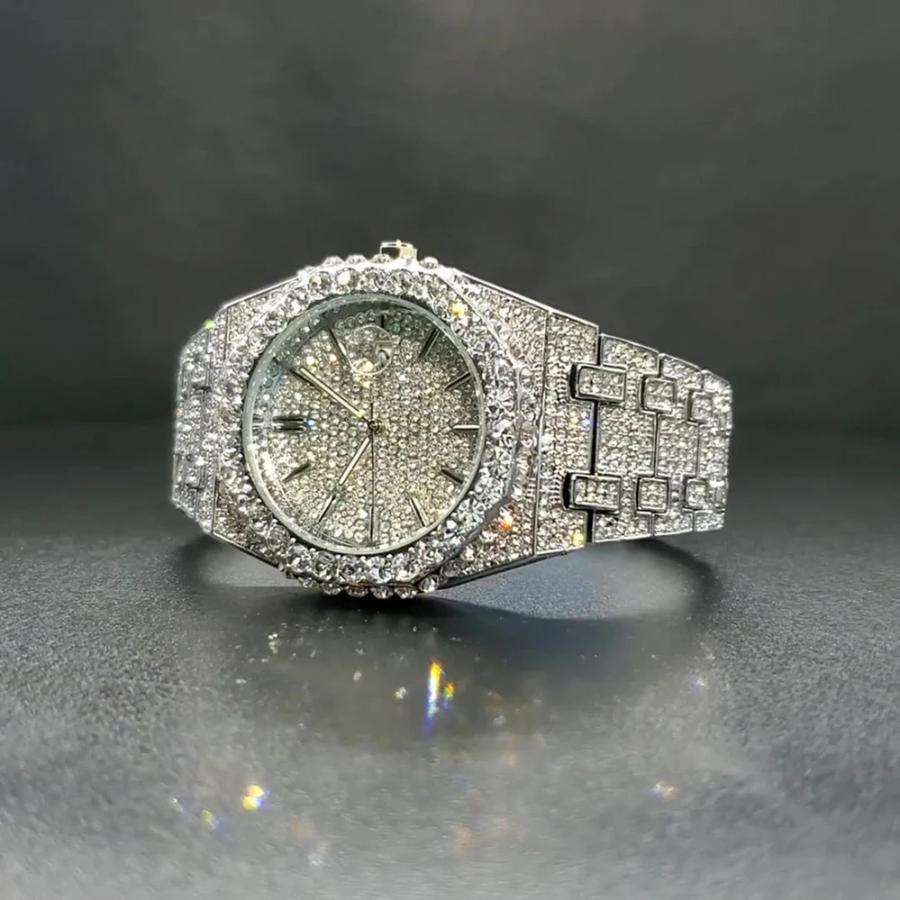 時計 ダイヤモンド ゴールド ラウンド メンズ 贅沢 18K プレート フル クオーツ リスト ウォッチ シャイニー ヒップ ホップ