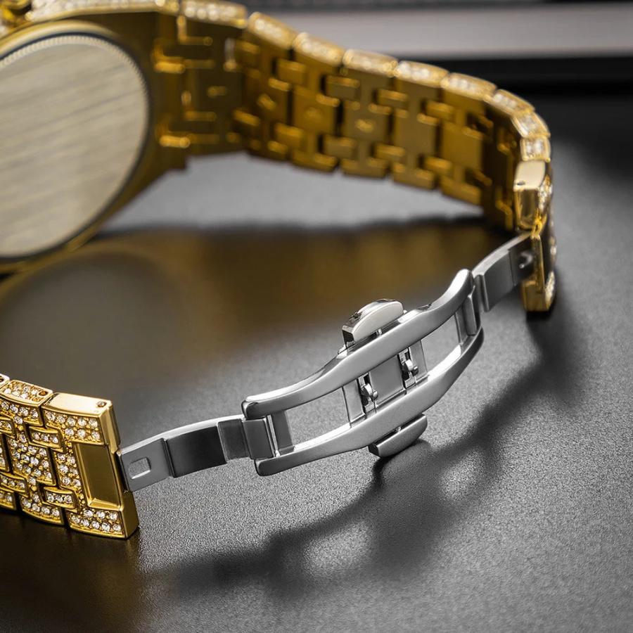 時計 ダイヤモンド ゴールド ラウンド メンズ 贅沢 18K プレート フル クオーツ リスト ウォッチ シャイニー ヒップ ホップ