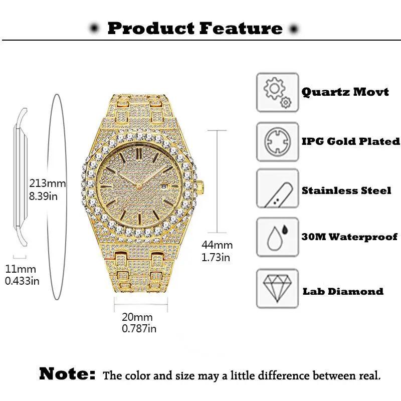 時計 ダイヤモンド ゴールド ラウンド メンズ 贅沢 18K プレート フル クオーツ リスト ウォッチ シャイニー ヒップ ホップ