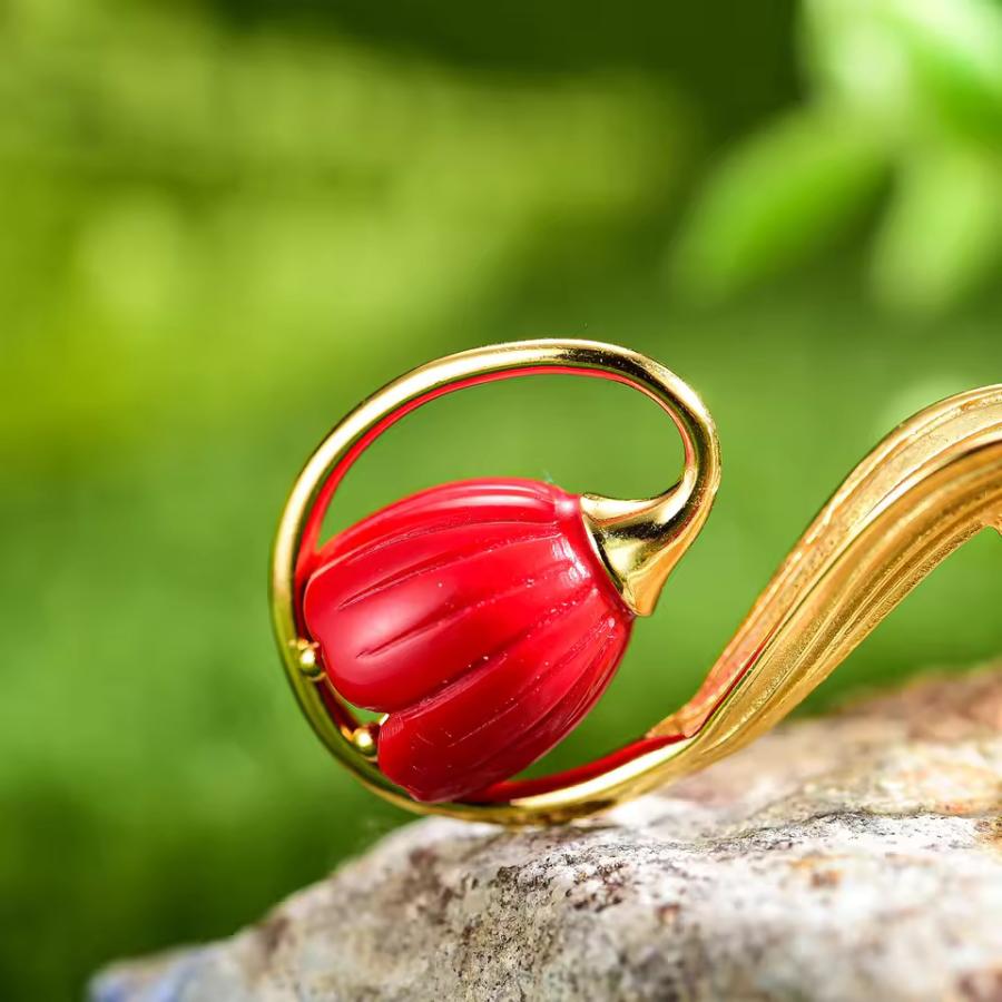 ピアス レディース ハンドメイド 925スターリングシルバー ゴールド 赤珊瑚 ジュエリー フラワー スズラン ドロップピアス_3