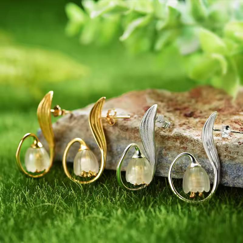 ピアス レディース ハンドメイド 925スターリングシルバー ジュエリー クリスタル ゴールド フラワー スズラン ドロップピアス_2