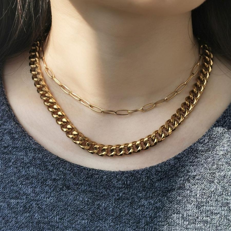 ネックレス ゴールド チェーン クリ 喜平 チョーカー レディース 女性 トレンド ダブル レイヤー 襟 ペーパークリップ リンク パンク