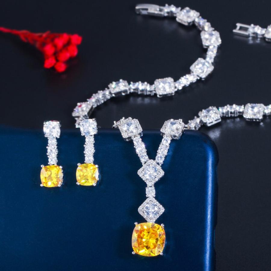 ネックレス 黄 イエロー スクエア ジルコニア ブライダル レース レディース 女性 素敵 四角 ドロップ キュービック ジルコン_4